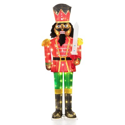Costway 1/2 PCS 5 FT Lighted Christmas Nutcracker with Glitter Sword, 100 LED Lights Ground Stakes