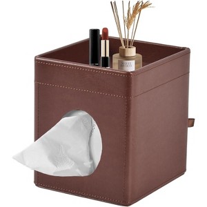 PU Leather Tissue Box Cover with Storage Tray, Square Decorative Organizer for Bathroom Vanity and Office - 1 of 4