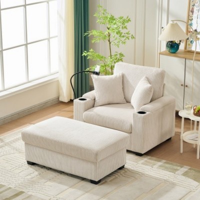 Modern Corduroy Accent Chair with Storage Ottoman and Built-In Cup Holder, Oversized Singel Sofa for Living Room or Apartment–The Pop Home