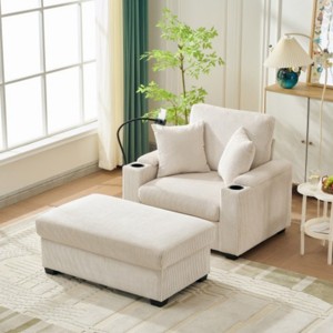 Modern Corduroy Accent Chair with Storage Ottoman and Built-In Cup Holder, Oversized Singel Sofa for Living Room or Apartment–The Pop Home - 1 of 4