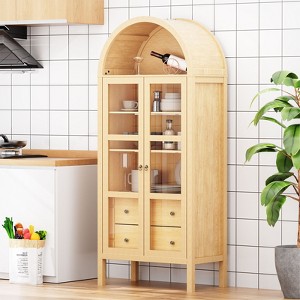 ORRD 72" Arched Display Cabinet with Auto Sensor Light, Farmhouse Storage Bookshelf with 2 Drawers,White Oak - 1 of 4