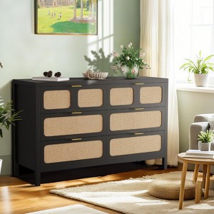 Rattan 6 Drawer Dresser for Bedroom with Metal Handles,Farmhouse Wood Storage Chest of Drawers,Black - 1 of 4