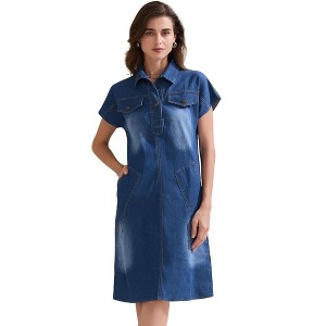 INSPIRE CHIC Women's Denim Casual Short Sleeve V Neck Collared Mini Shirt Dress - 1 of 4