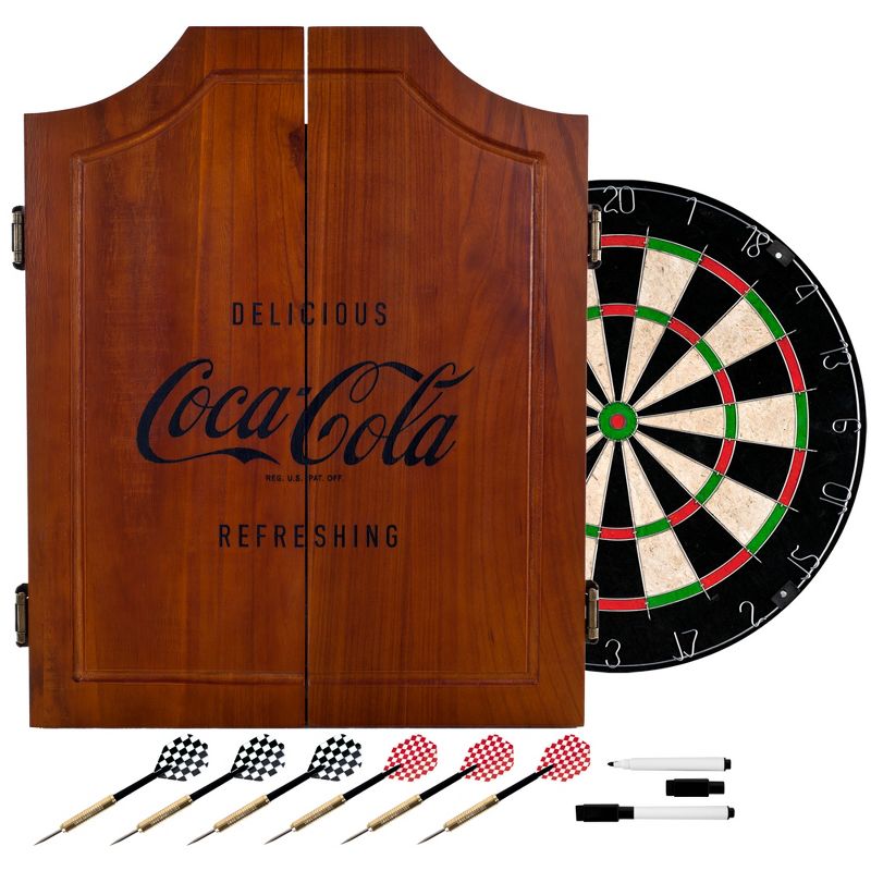 Coca Cola Wood Dart Cabinet Set - Engraved Logo, 1 of 3