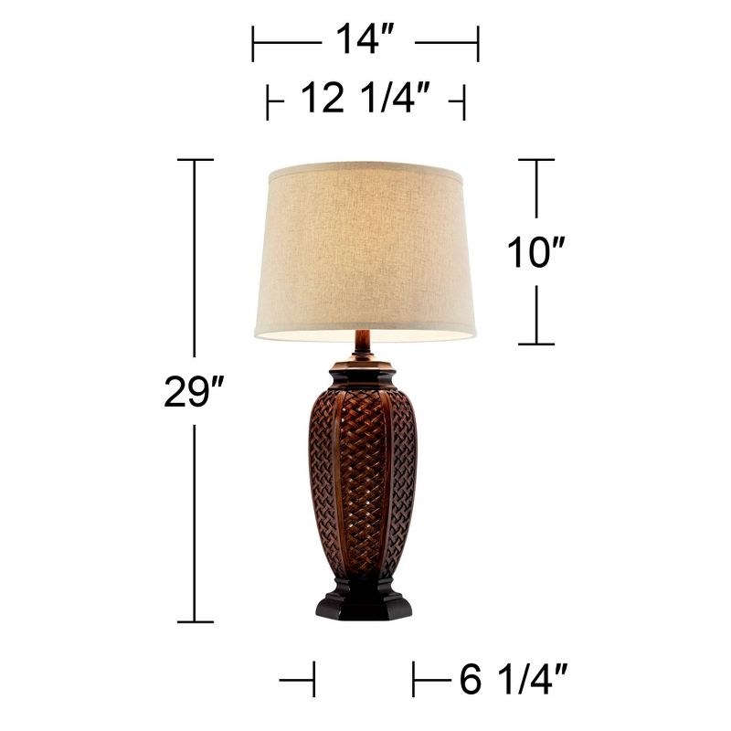Regency Hill Tropical Table Lamps 29" Tall Set of 2 Weathered Brown Woven Wicker Jar Beige Linen Drum Shade for Living Room Family Bedroom, 4 of 8