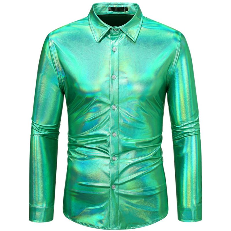 Lars Amadeus Men's Long Sleeves Button Down Party Shiny Metallic Shirt, 1 of 6