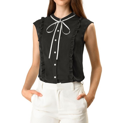 Allegra K Women's Cute Tie Neck Sleeveless Ruffle Button Down Chiffon  Summer Shirt Black Large