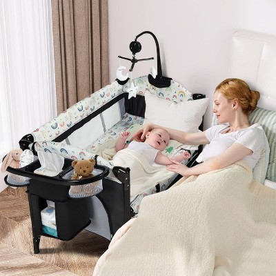 Kinder King 4-in-1 Portable Nursery Center and Bedside Crib with Bassinet, Changing Table, Storage Basket, Side Zipper & Travel Bag