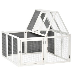 PawHut Rabbit Hutch, Wooden Outdoor Bunny Cage with Openable Foldable Top, Door, Guinea Pig Hutch, for Backyard, Garden, Fits 1-4 Rabbits, Gray - 1 of 4