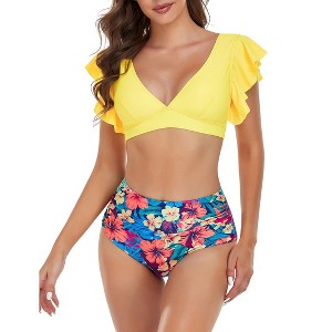 Clearlove Women's Two Piece Bikini Set V Neck Ruffled Top Bathing Suits U Back Swimwear With High Waisted Ruched Swim Bottom - 1 of 4