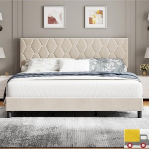 Jojoka Upholstered Platform Bed Frame with Adjustable Headboard, Diamond Pattern, Wood Slats, Noise-Free, No Box Spring Needed - 1 of 4