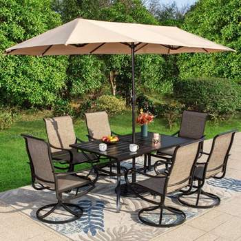8pc Outdoor Dining Set with Metal Slat Top Table with Umbrella Hole & Swivel Chairs - Gray/Beige - Captiva Designs