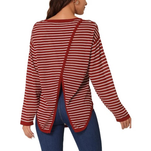 Seta T Women s Round Neck Long Sleeve Back Split Curved Hem Striped Knit Jumper Sweater Red X Large