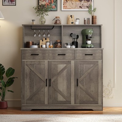 Whizmax Farmhouse Sideboard Buffet Cabinet with Microwave Stand, Barn Doors Buffet Storage Cabinet with Drawers and Shelves, Wood Coffee Bar Cabinet