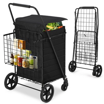 Folding Shopping Cart with Wheels Rolling Foldable Grocery Cart w/Double Basket