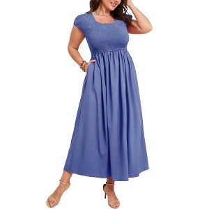 Women's Plus Size Maternity Maxi Dress Summer Casual Round Neck Short Sleeve Smocked High Waist Maxi Dresses with Pockets - 1 of 4