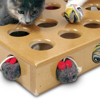 Natural Wood Peek-a-Prize Cat Toy Box with Toys