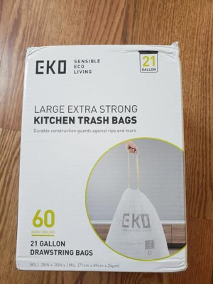 Eko 13 Gallon Extra Strong Drawstring Kitchen Trash Bags, 60 Pack, White
