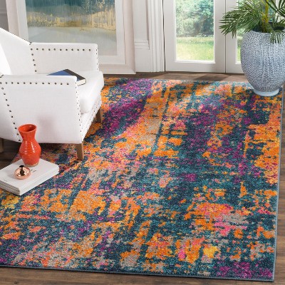 Blue and Orange Hand-Knotted Synthetic Area Rug