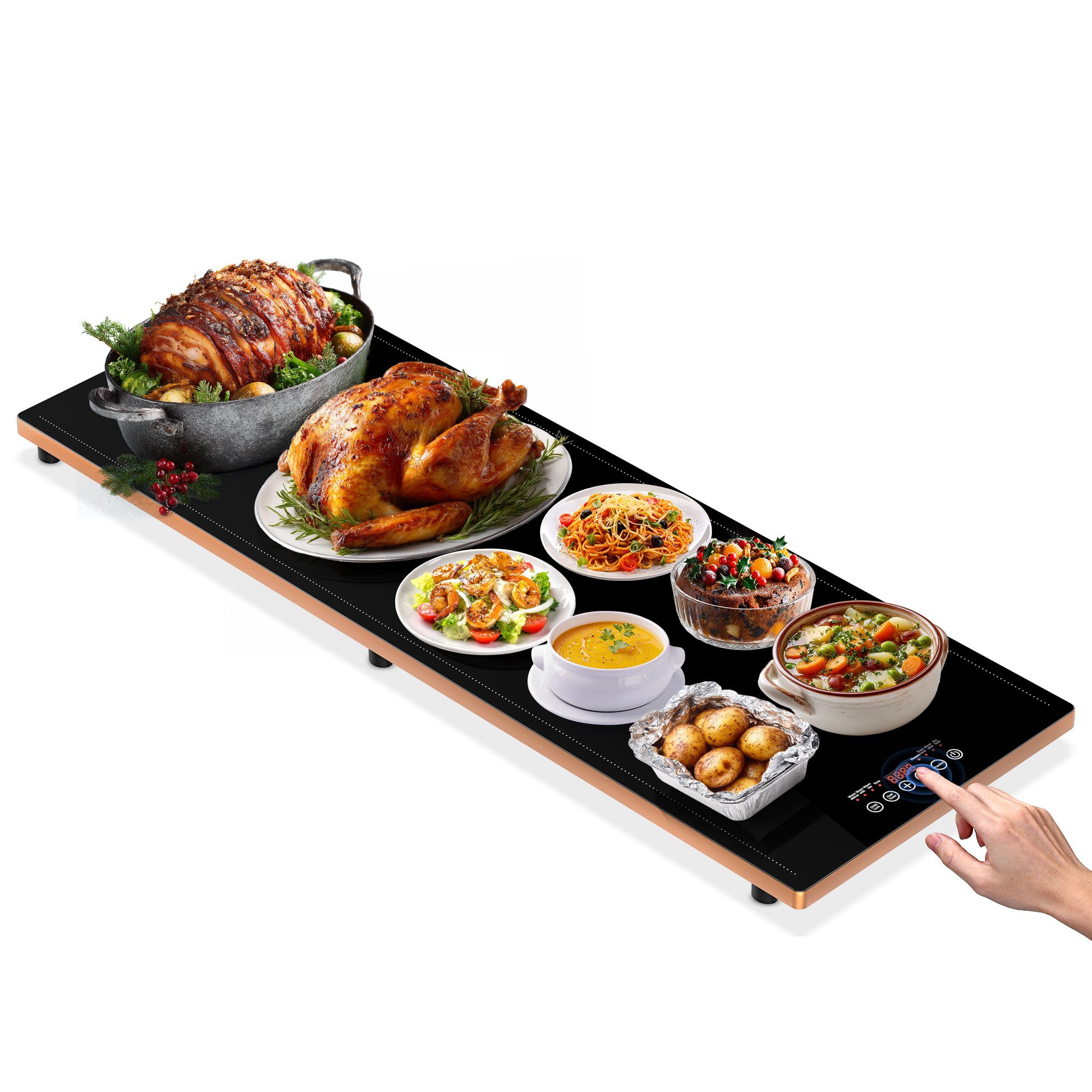 WARMOUNTS 40" x 14" Electric Warming Tray - Temperature Control, Timer, Full-Surface Heating, Easy-Clean Glass for Parties & Buffets