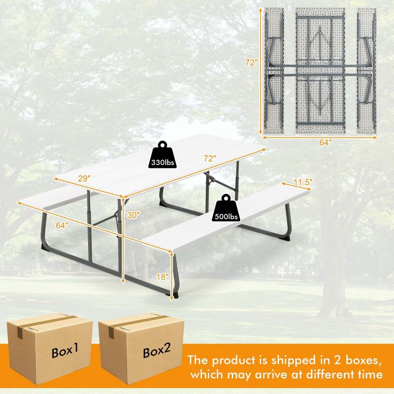 Costway Folding Picnic Table with 2 Benches All Weather Wood-like Tabletop Umbrella Hole Black/Grey/Green/White, 3 of 11