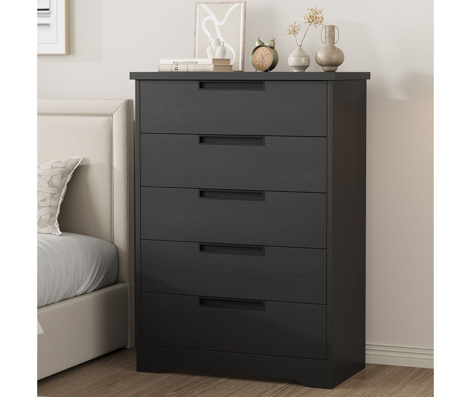 5 Drawer Dresser for Bedroom, Black Chest of Drawers Nightstand with Embedded Handles, Wooden Dresser Organizer for Living Room, Nursery, Entryway