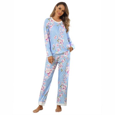 Womens Pajama Sets Round Neck Pajama Tops with Pant Side Pocket Pajama Pants Floral/Leopard Pajamas Long Sleeve Sleepwear