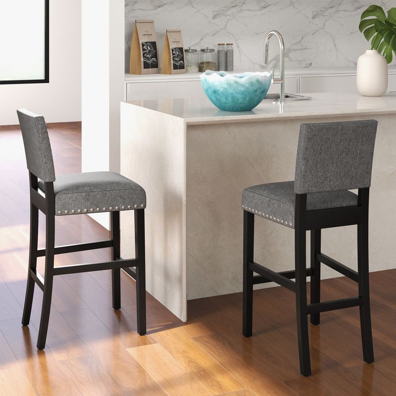 Costway Set of 2 Counter/Bar Height Chairs with Solid Rubber Wood Frame & Adjustable Foot Pads Gray & Dark Brown, 2 of 10