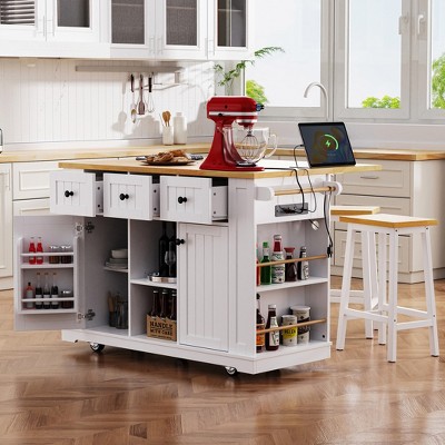 53" Large Kitchen Island on 5 Wheels, with 2 Bar Stools, Power Outlet, Door Internal Storage Rack, Drop Leaf, 5 Open Side Racks & 3 Drawers