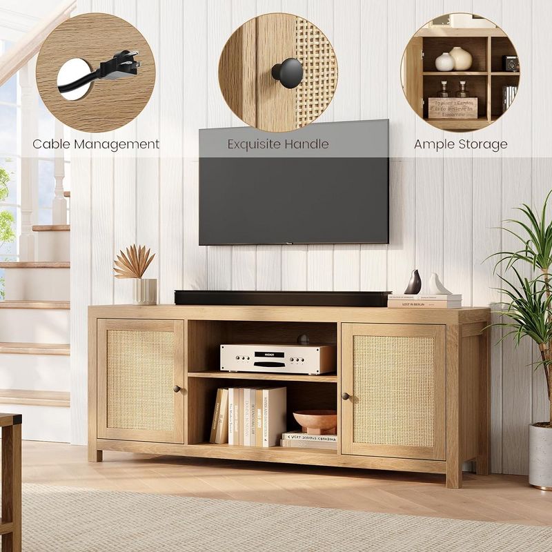 Whizmax Rattan TV Stand for 65 Inch, Boho Entertainment Center with Storage and Doors for Living Room, Natural Oak (58 Inch), 5 of 10