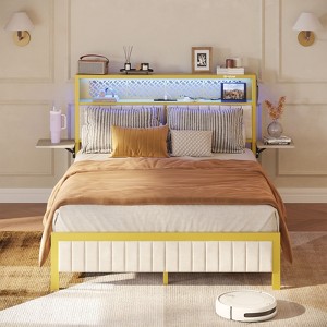 Bestier Full/King/Queen Size Bed Frame Upholstered Headboard Bed, LED Platform Bed with Foldable Trip Shelves & Storage Headboard Charge Station - 1 of 4