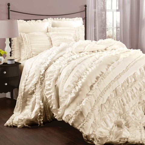 Lush Decor Belle Ruffle Comforter Set (Queen) Ivory 4pc - Lush Décor: Shabby Chic Microfiber Bedding with Bed Skirt & Shams