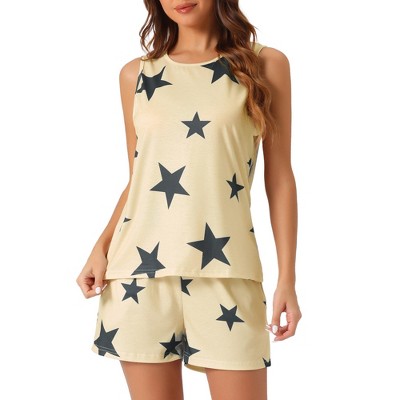 cheibear Women's Cotton Star Print Sleeveless Top and Shorts Casual Pajama 2 Piece Sets