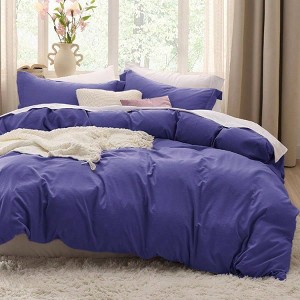 Blue Duvet Cover Queen, 3 - Piece Set, Prewashed Cotton - Like, 90x90 Inch with Zipper, 2 Pillow Shams - 1 of 4