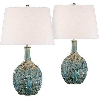 360 Lighting Mid Century Modern Table Lamps Set of 2 Ceramic Teal Glaze Handcrafted White Empire Shade for Living Room Bedroom