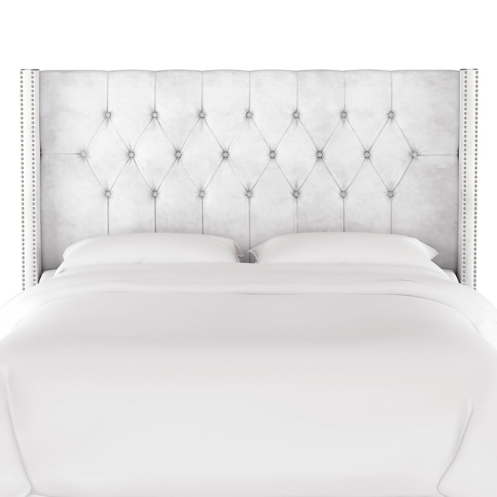 Queen Louis Diamond Tufted Wingback Headboard White Velvet with Pewter Nail Buttons - Skyline Furniture -  54350874