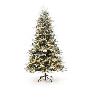 LuxenHome 7.5Ft Pre-Lit Lightly Flocked Artificial Christmas Tree with Pinecones and Metal Stand Green - 1 of 4