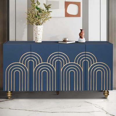 VYNXARIA Modern Navy Blue Fluted Sideboard Buffet with Gold Accents and Adjustable Shelves