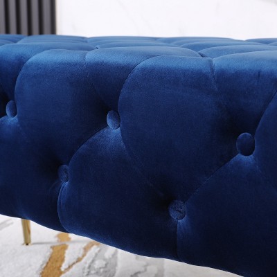 Sira Blue Velvet Button Tufted Bench with Gold Metal Legs