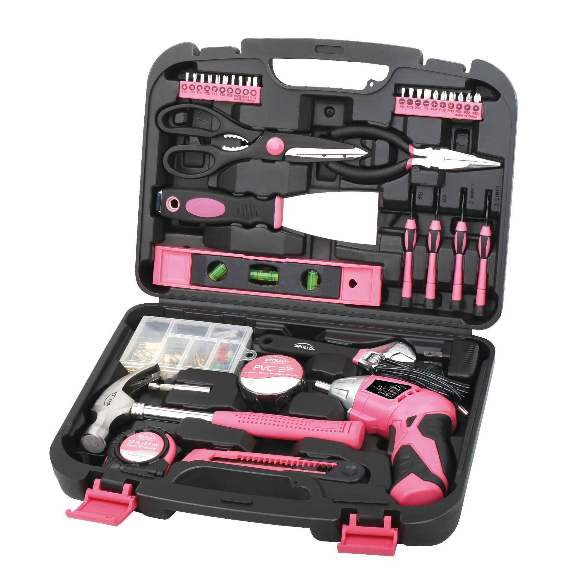 Apollo Tools 135pc Household Tool Kit DT0773N1 Pink: Women's Tool Set with Chrome-Plated Hardware & Carrying Case