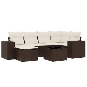 vidaXL 7 Piece Patio Sofa Set with Cushions Brown Poly Rattan - Brown and Cream With Table - 1 of 4