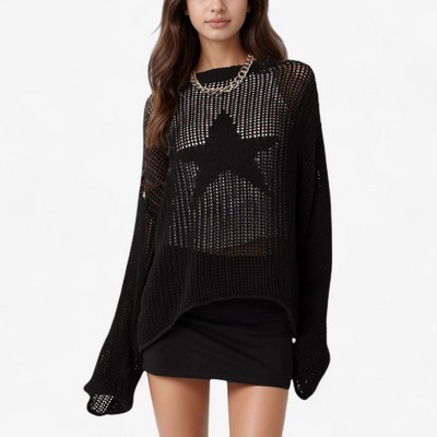 Anna-Kaci Women's Loose Knit Long Sleeve Sweater with Bold Star Design and Semi-Sheer Open Weave Texture