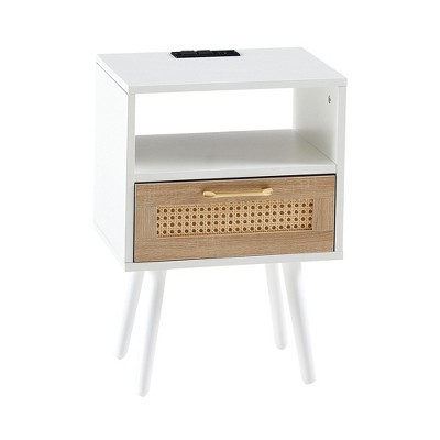 NicBex Rattan Nightstand with Drawer and Open Storage Space Modern Bedside Table with Solid Wood Legs for Bedroom,Living Room