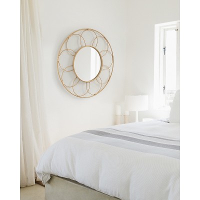 Cori 34" Round Natural Rattan and Metal Mirror