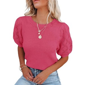 Women's Lightweight Short Sleeve Crewneck Sweaters Knit Pullover Tops with Casual Crochet Sleeve Blouse,Rose - 2XL - 1 of 3