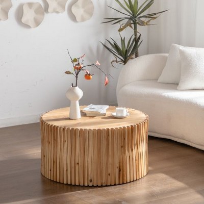 CENGHU Retro Fashion Style Cylindrical Coffee Table with Vertical Texture Relief Design, Nightstand, 31.5" W Side Table for Living Room, Dining  Room
