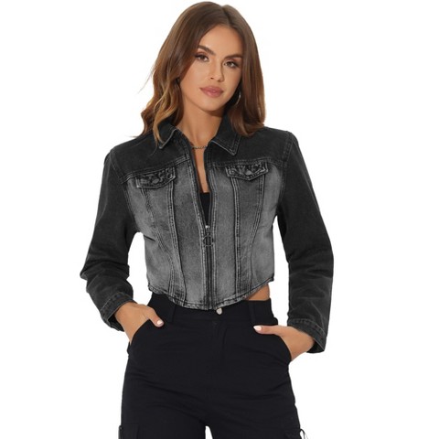 Allegra K Women's Casual Zip-Up Faux Flap Pockets Washed Denim Crop Jacket X-Large Black