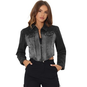 Allegra K Women's Casual Zip-Up Faux Flap Pockets Washed Denim Crop Jacket - 1 of 4