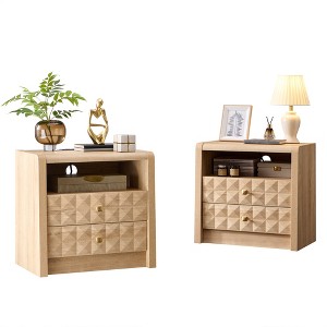 SinCiDo Nightstand with Charging Station, Mid Century Modern End Table with 2 Drawers & Open Shelf, Wood Bedside with Diamond Panel Decor - 1 of 4