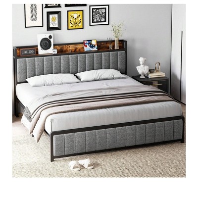 Grey Double Bed Frame with Shelves, Industrial Upholstered Platform, Heavy-Duty Metal Slat Support